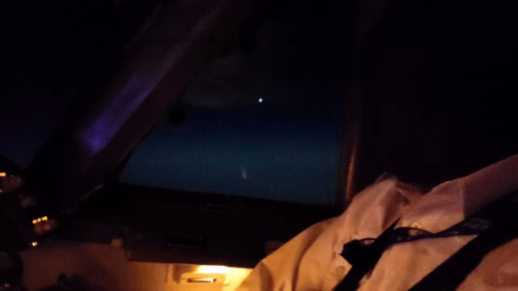 This is the moment that a pilot believes he has spotted a UFO on his horizon recently.